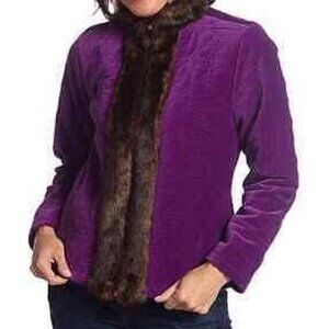Liz Claiborne Womens Quilted Jacket Coat Size Medium Velvet Purple Faux Fur Trim